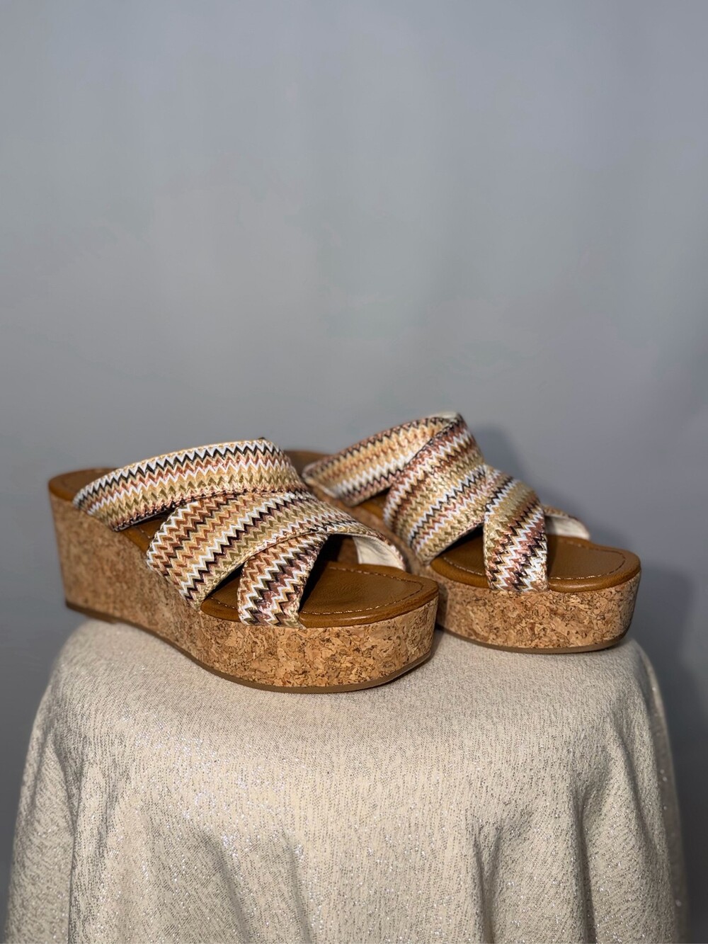 Blowfish Malibu Abi Multi Woven Zigzag Cork Platform Wedge Slide Sandals Size 7